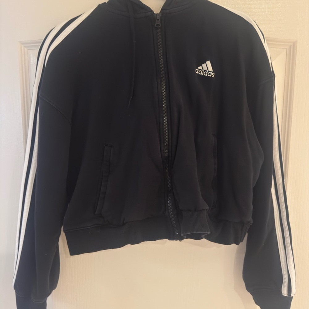 adidas Black & White Zip-Up Hooded Crew Sweater